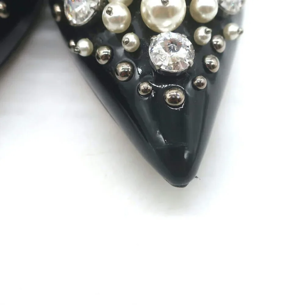 Miu Miu Pearl & Crystal-Embellished Low-Heel Pumps Black Patent Leather Size 38 - Picture 4 of 13